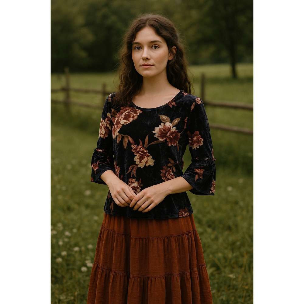 Boho‎ Cottagecore Prairie M Navy Blue Velvet Floral Bell Ruffle Sleeve Sweet Top